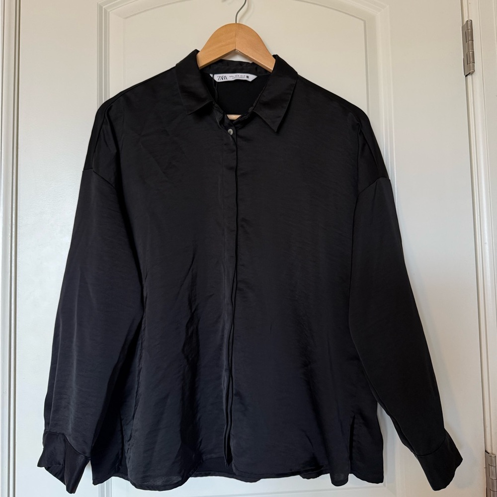 Zara Black Satin Oversized Womens Loose Fit‎ Button Down Blouse Size M